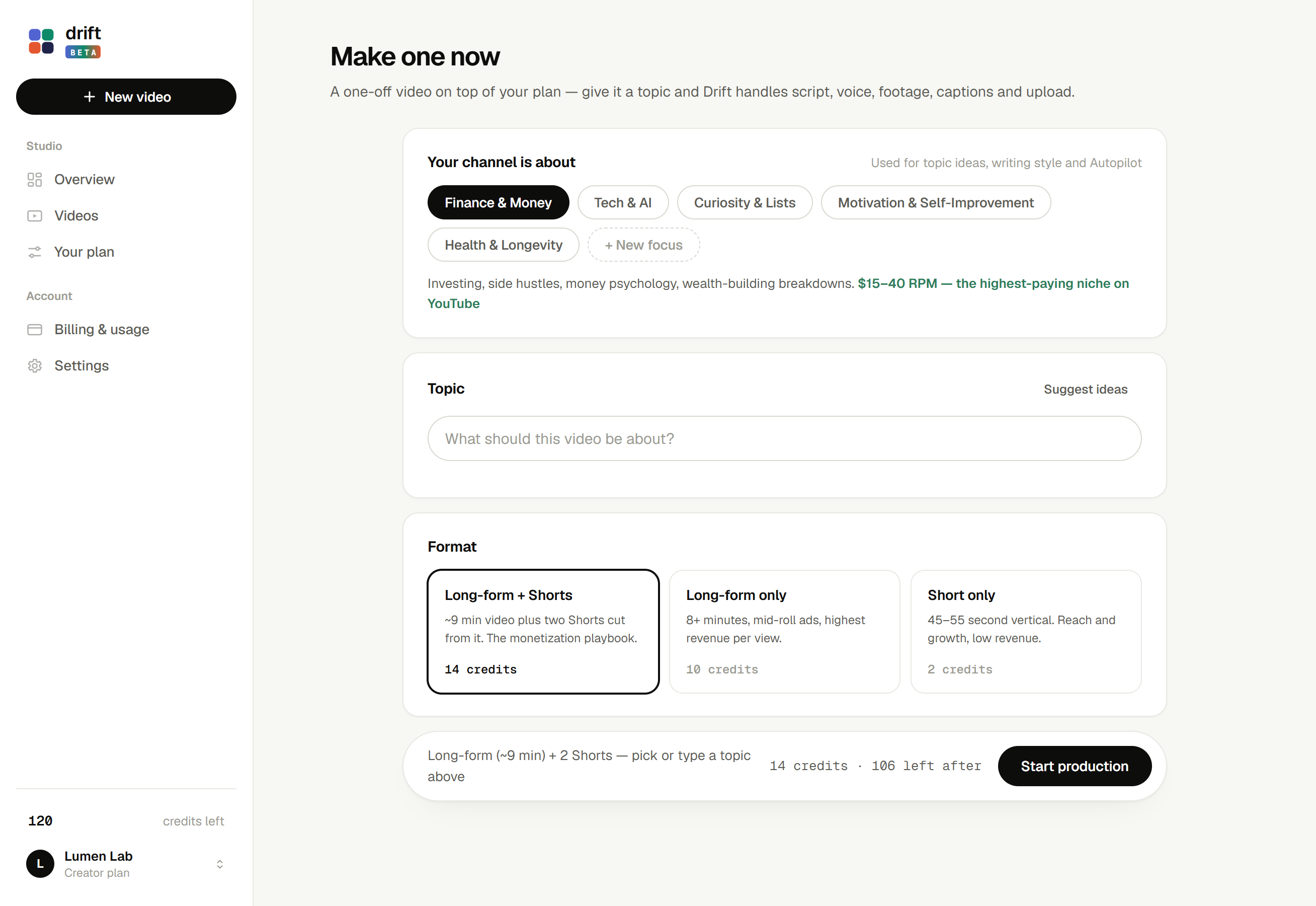 Drift — make a one-off video from any topic
